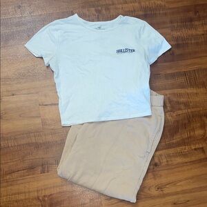 Hollister White Tee and Beige Joggers Set